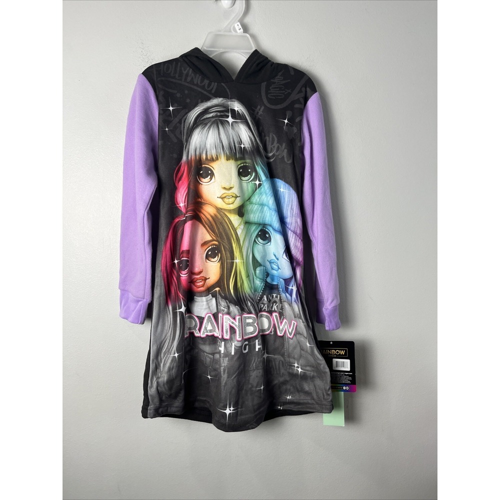 Rainbow‎ High Hoodie Nightgown Pajamas-6/6X-Fleece-Black-Purple